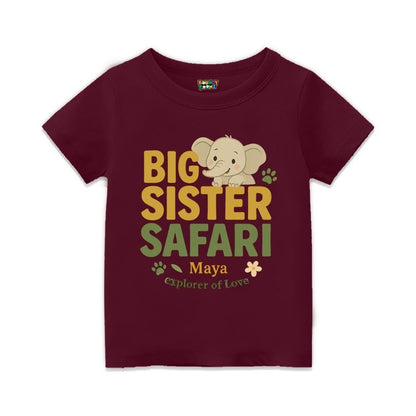 Maroon t-shirt with 'Big Sister Safari' text and elephant graphic