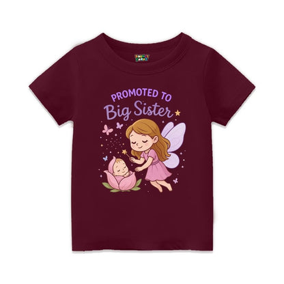 Maroon t-shirt with fairy and baby graphic and 'Promoted to Big Sister' text 