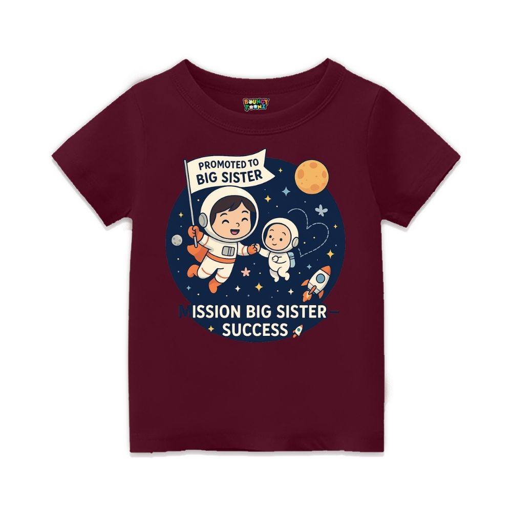 Maroon t-shirt with space-themed design and text 'Promoted to Big Sister' 