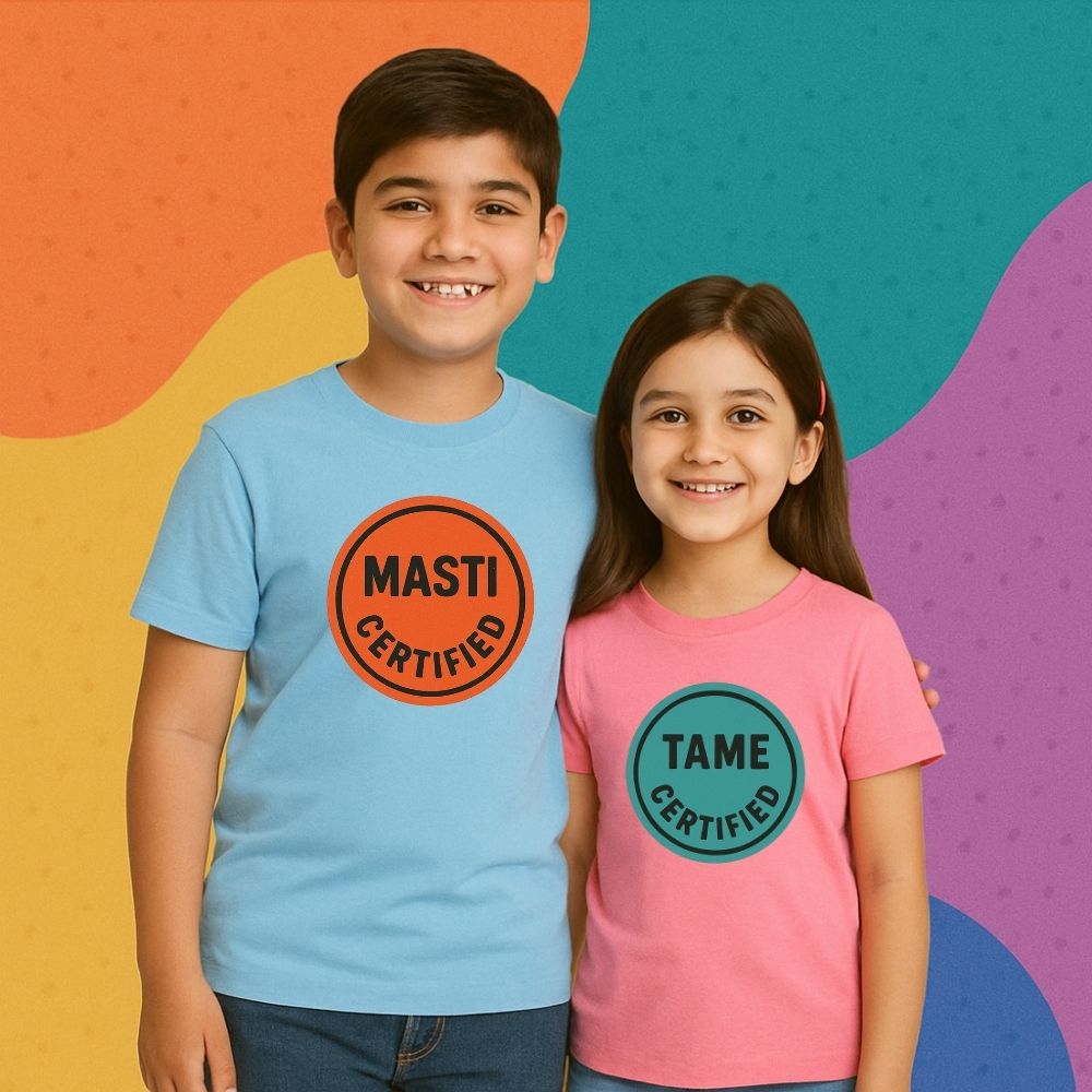 Celebrate Rakshabandhan 2025 with custom kids’ tees – ‘Masti Certified’ in blue and ‘Tame Certified’ in pink, the perfect Rakhi gift for siblings!
