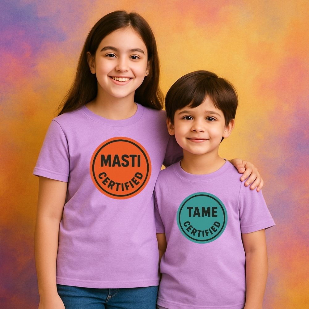 Celebrate Rakshabandhan 2025 with custom kids’ tees – ‘Masti Certified’ in blue and ‘Tame Certified’ in pink, the perfect Rakhi gift for siblings!