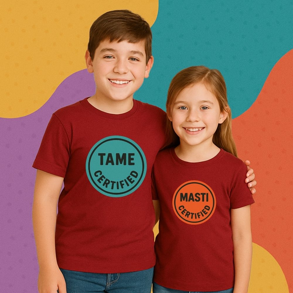 Celebrate Rakshabandhan 2025 with custom kids’ tees – ‘Masti Certified’ in blue and ‘Tame Certified’ in pink, the perfect Rakhi gift for siblings!