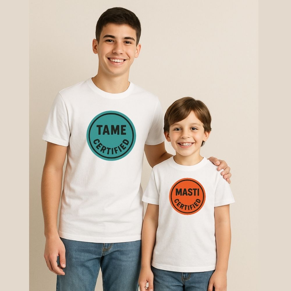 Celebrate Rakshabandhan 2025 with custom kids’ tees – ‘Masti Certified’ in blue and ‘Tame Certified’ in pink, the perfect Rakhi gift for siblings!