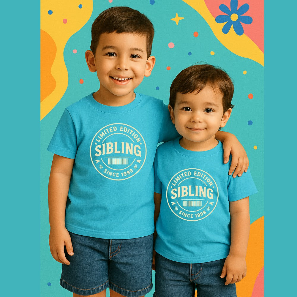 Matching Aquablue t-shirts with 'Limited Edition Sibling Since 1999' text 