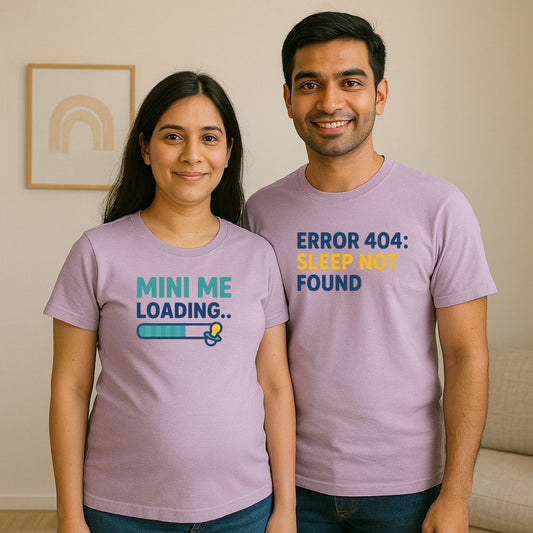 Lavender Maternity Couple TShirt “Mini Me Loading” on the pregnant woman and “Error 404: Sleep Not Found” on the man.