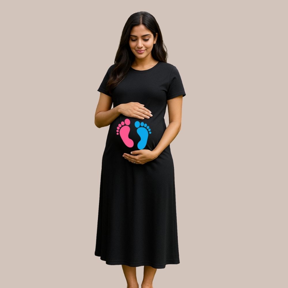 Maternity Dress Black with Baby Footprints Printed in Pink and Blue 