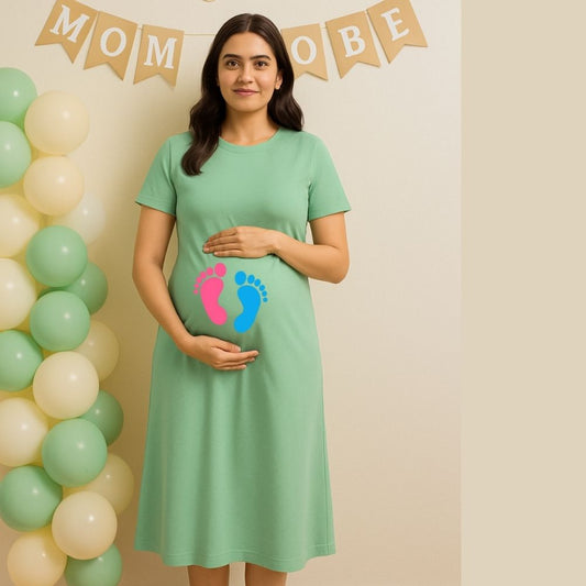 Maternity Dress Mintgreen with Baby Footprints Printed in Pink and Blue 