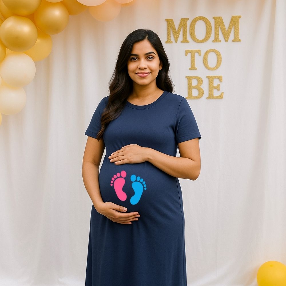 Maternity Dress Navyblue with Baby Footprints Printed in Pink and Blue 