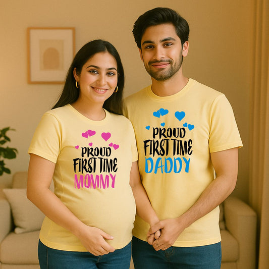 Maternity Matching Woman and Man wearing matching lite yellow t-shirts with 'Proud First Time Mommy' and 'Proud First Time Daddy' text.