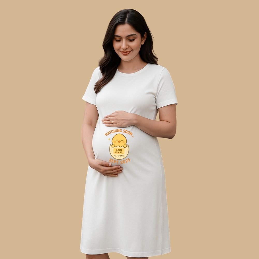 Maternity White Dress, Hatching Soon with Due Month and Year Text with Egg and Chick design printed