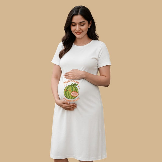 Maternity White Dress with Personalised Text 'Freshly Picked & Almost Ready' text and Watermelon graphic printed