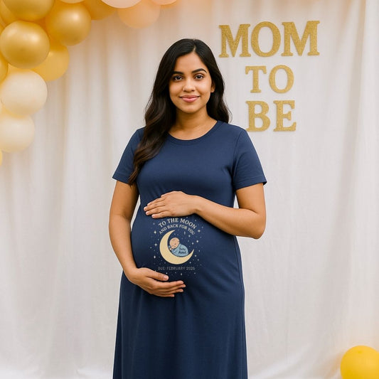 Maternity navy blue dress with a moon and star design