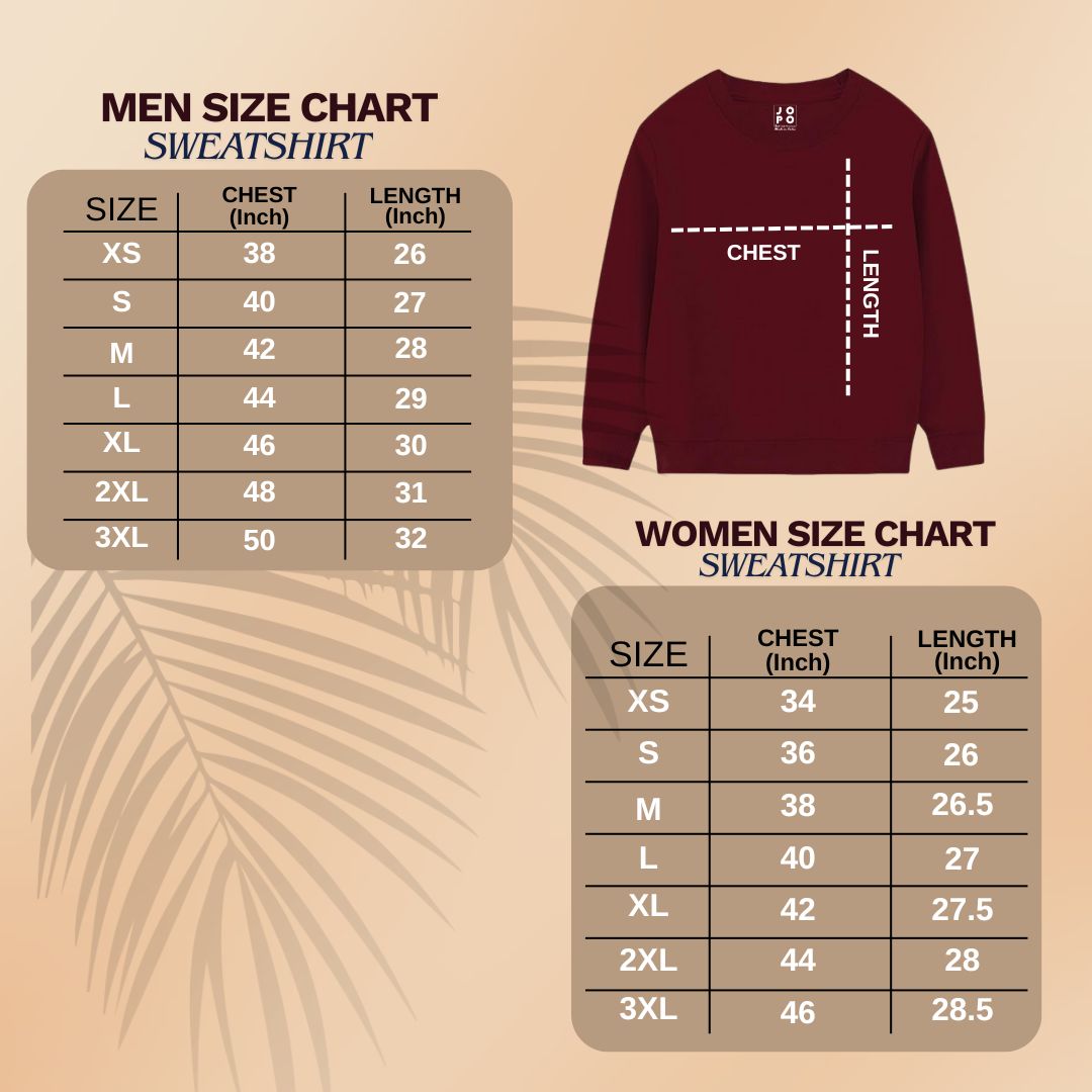 Size charts for men's and women's sweatshirts 
