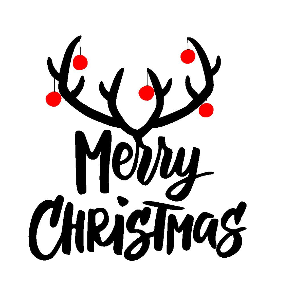 Merry Christmas text with reindeer antlers and red ornaments