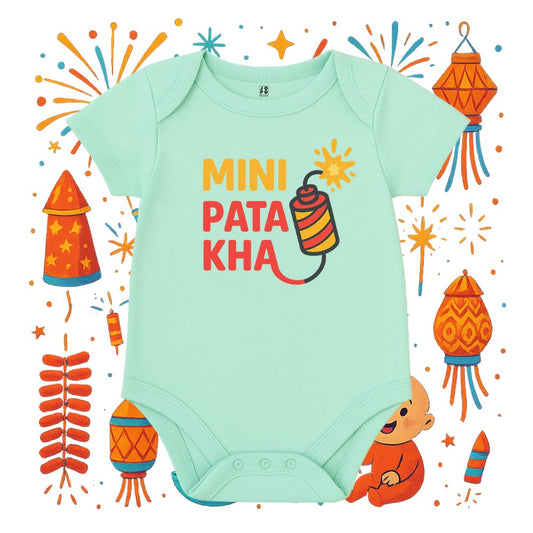 Mint Green baby onesie with 'Mini Pata Kha' text 