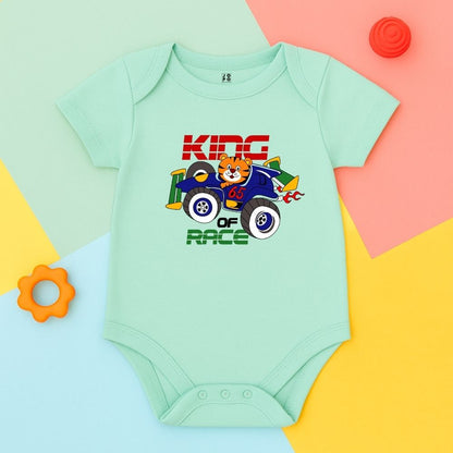 Mint green baby onesie with a racing car design with 'King Of Race' text