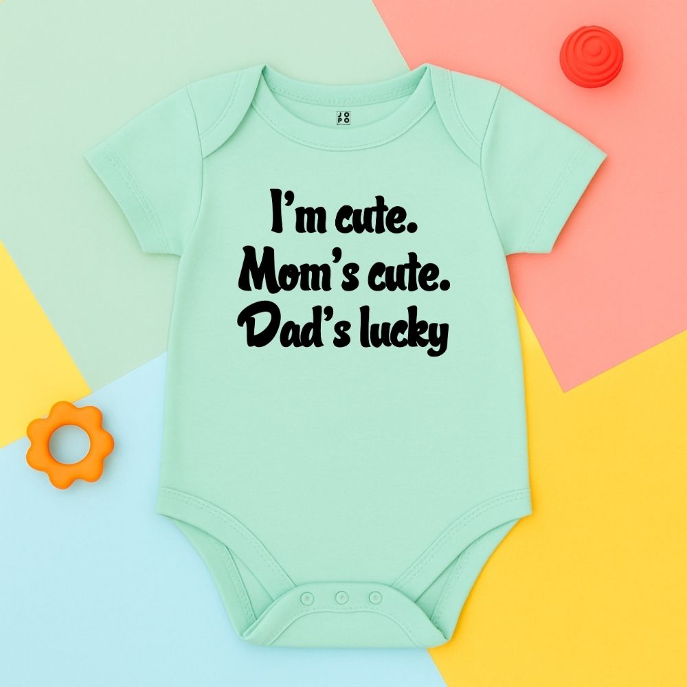 Mint green baby onesie with text