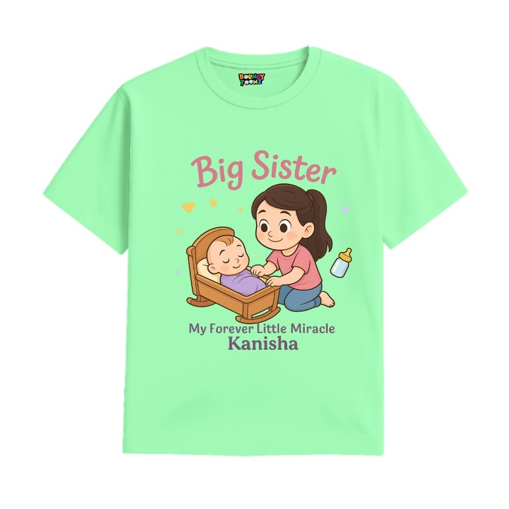 Mintgreen 'Big Sister' t-shirt with personalized text "My Forever Little Miracle"