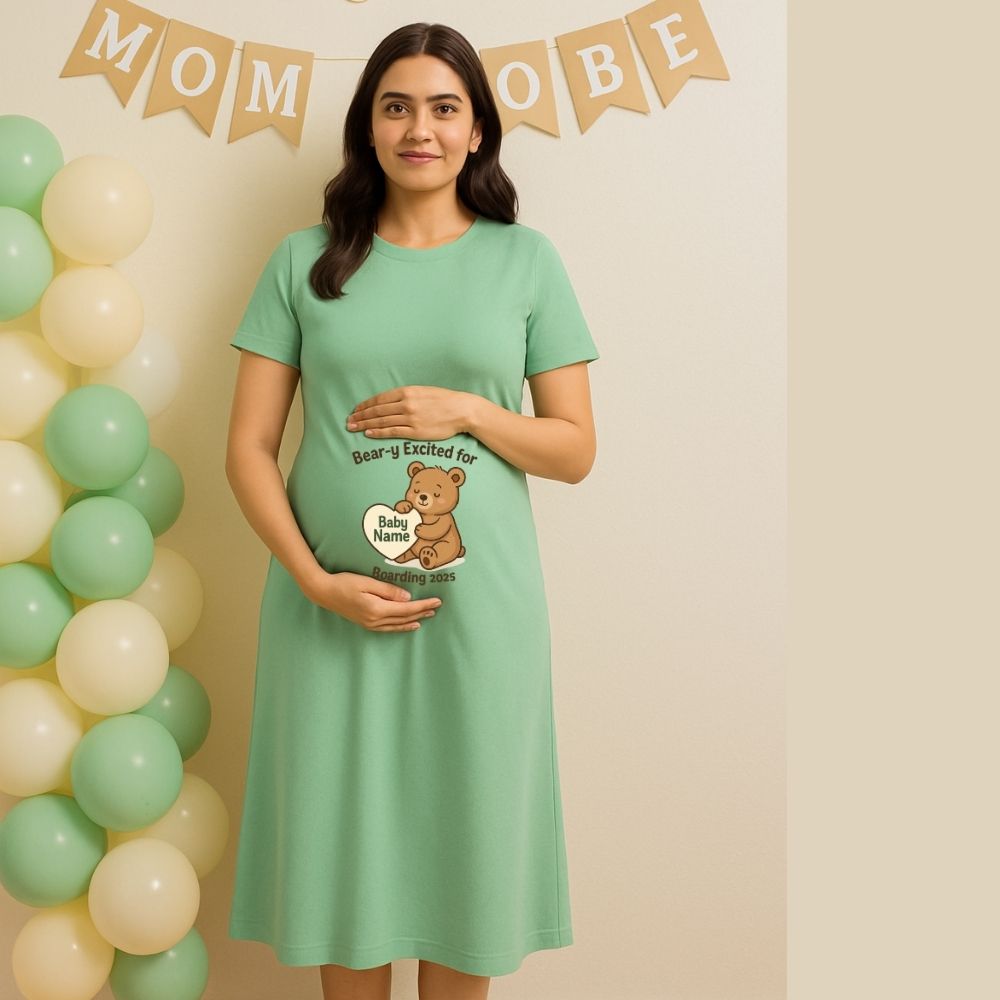 Mintgreen Maternity Dress, Bear Design and text Personalised Name and Due Year 'Bear-y Excited for Boarding' 