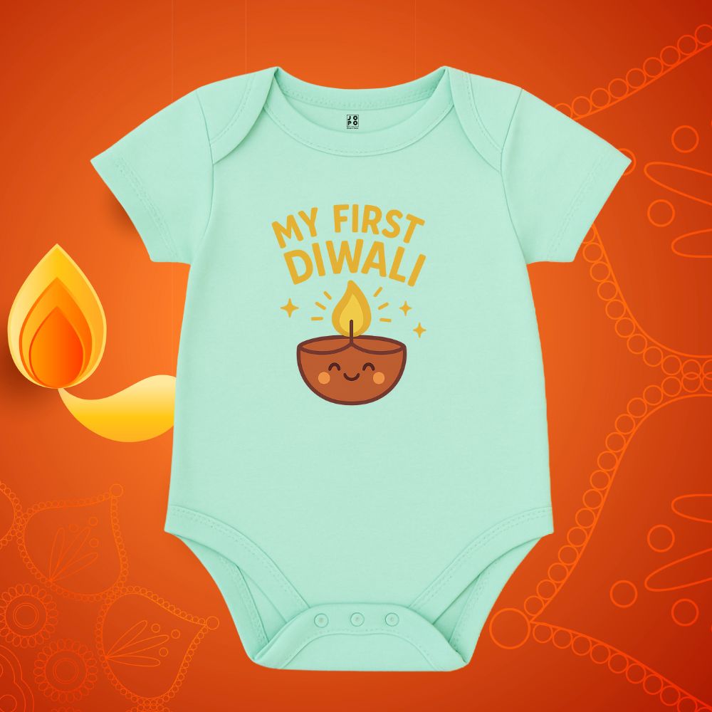 Mintgreen baby onesie with 'My First Diwali' text 