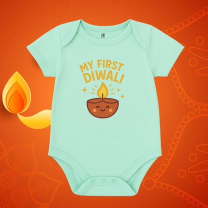 Mintgreen baby onesie with 'My First Diwali' text 