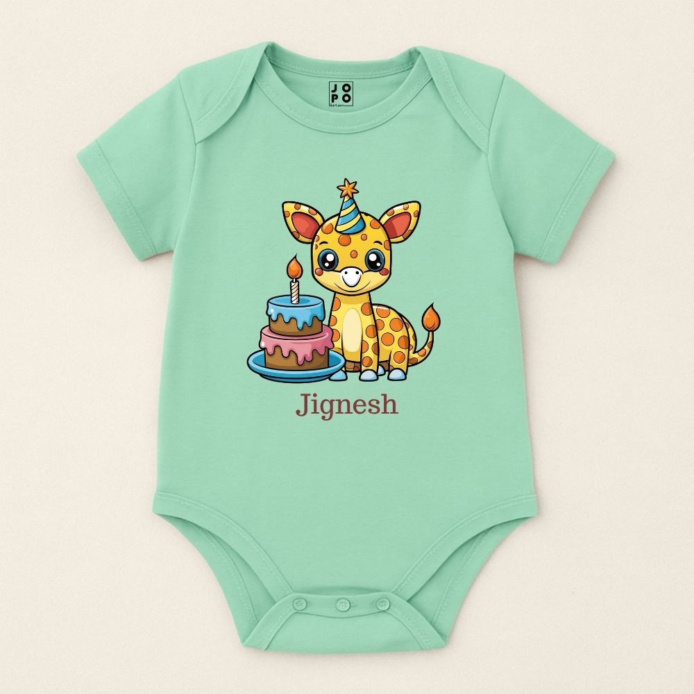 Mintgreen baby onesie with a cartoon giraffe and birthday cake design