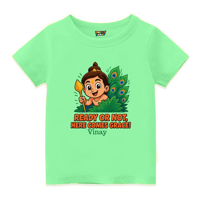 Mintgreen t-shirt, Balamurugan with vel and feather design and text  'Ready or Not, Here Comes Grace'! 