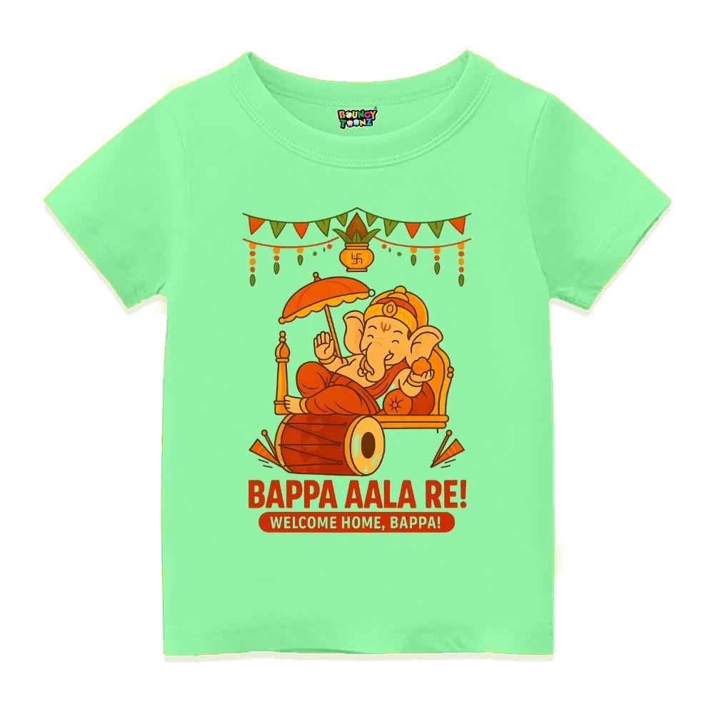Mintgreen t-shirt with a cartoon depiction of Ganesha for little deity 