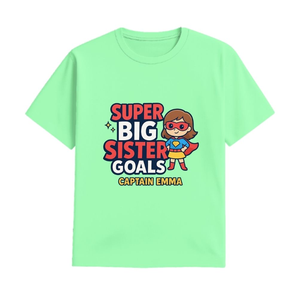 Mintgreen t-shirt,  superhero design printed with "Super Big Sister Goals" and Captain text