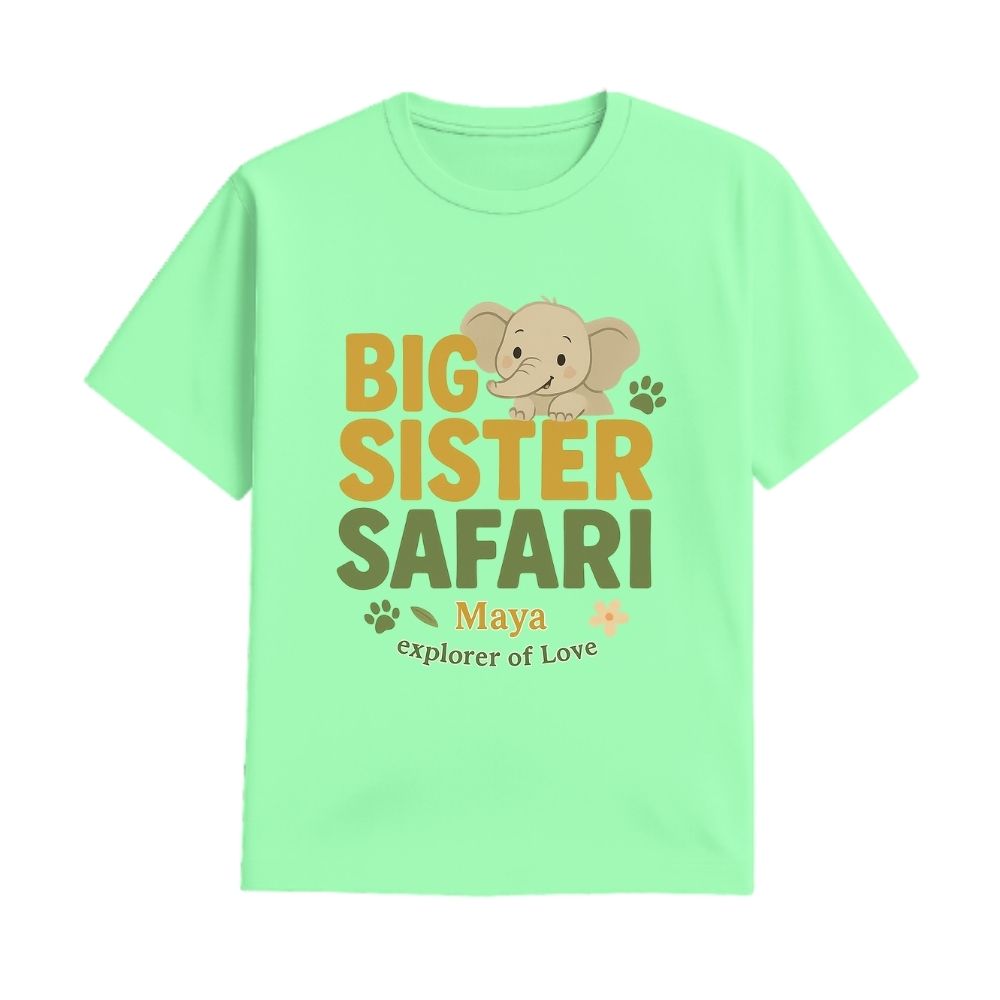 Mintgreen t-shirt with 'Big Sister Safari' text and elephant graphic