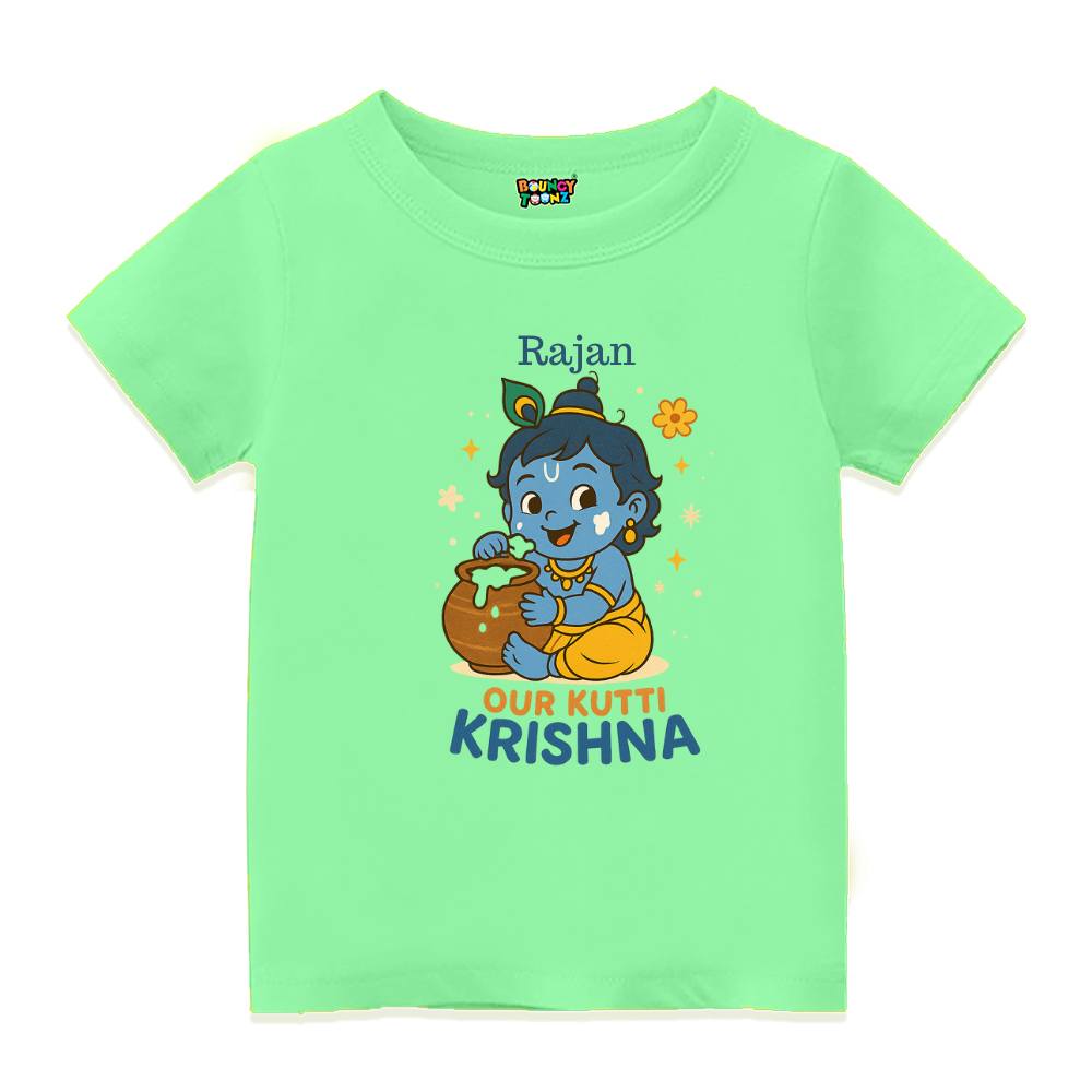 Mintgreen t-shirt with Krishna cartoon character and 'Our Kutti Krishna' text