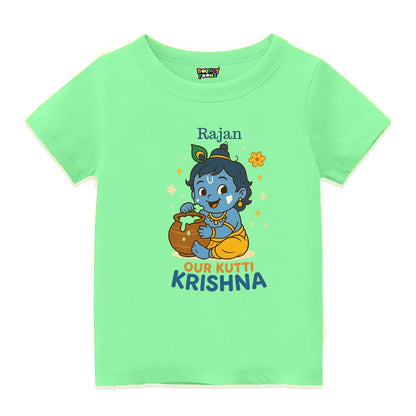 Mintgreen t-shirt with Krishna cartoon character and 'Our Kutti Krishna' text