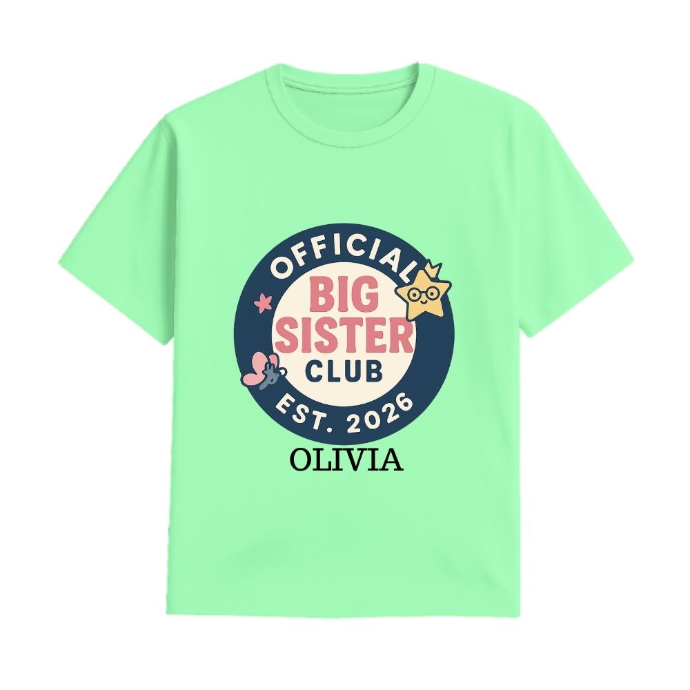 Mintgreen t-shirt with 'Official Big Sister Club' Text with Badge design 