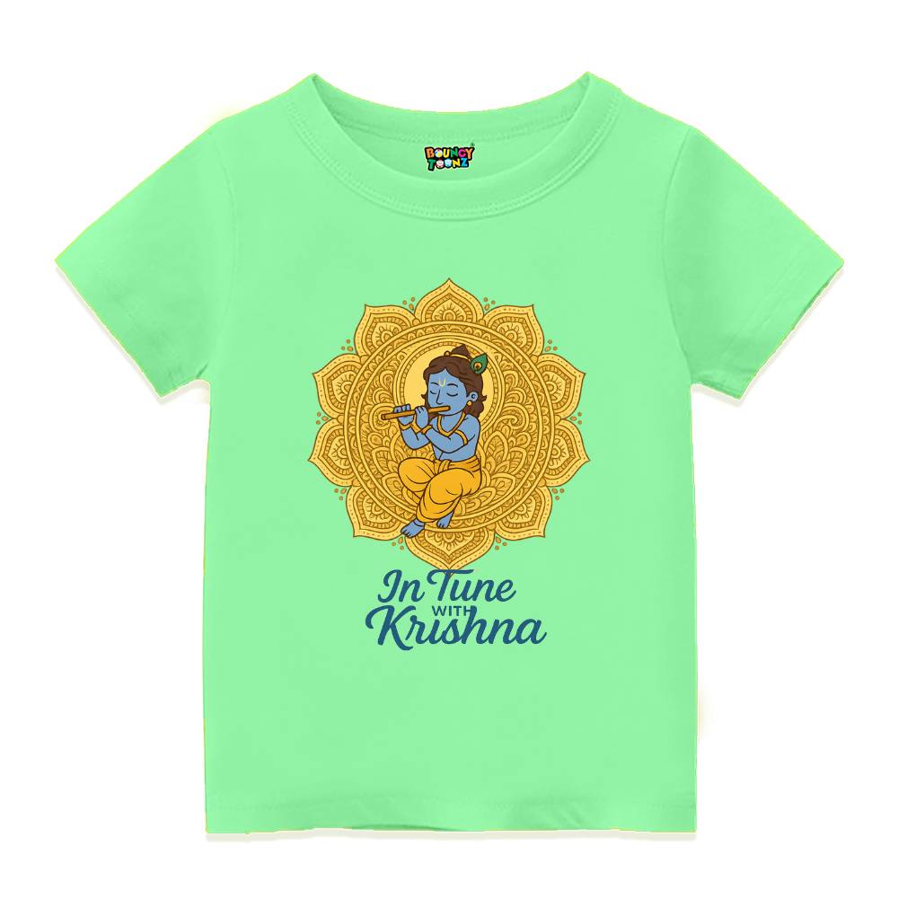Mintgreen t-shirt with a mandala design and 'In Tune with Krishna' text 