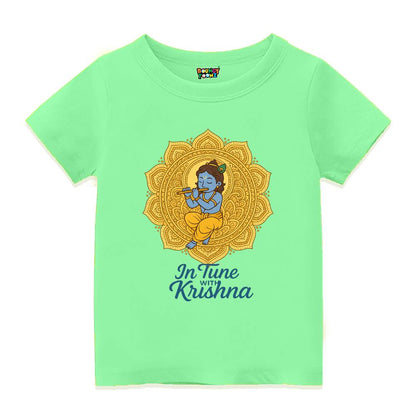 Mintgreen t-shirt with a mandala design and 'In Tune with Krishna' text 