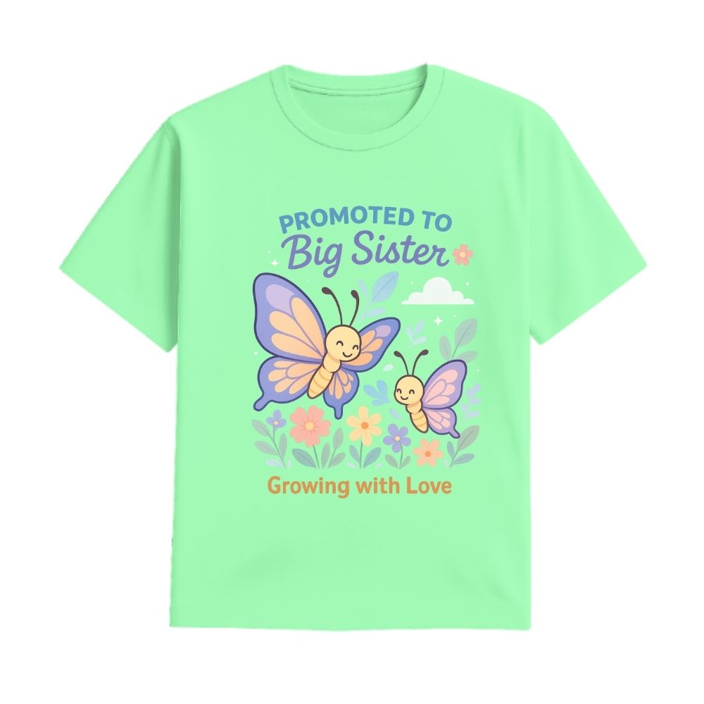Mintgreen t-shirt with butterfly design and text 'Promoted to Big Sister'