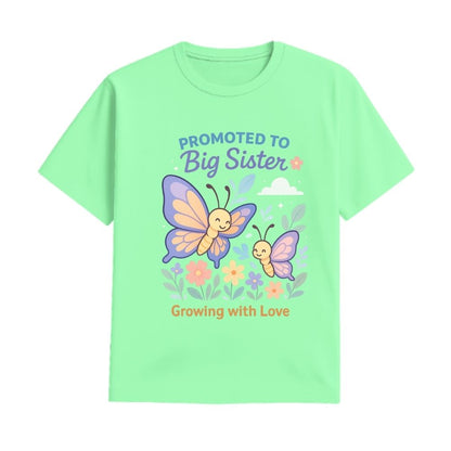 Mintgreen t-shirt with butterfly design and text 'Promoted to Big Sister'
