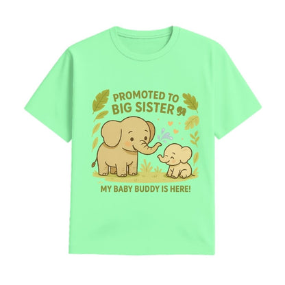 Mintgreen t-shirt with elephant design and text 'Promoted to Big Sister' with My Baby Buddy is Here!