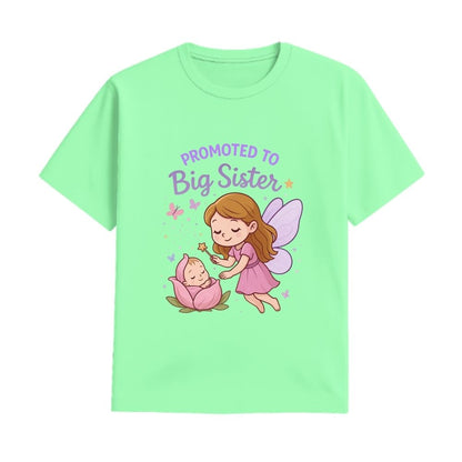 Mintgreen t-shirt with fairy and baby graphic and 'Promoted to Big Sister' text on a white background