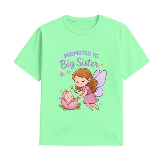 Mintgreen t-shirt with fairy and baby graphic and 'Promoted to Big Sister' text on a white background