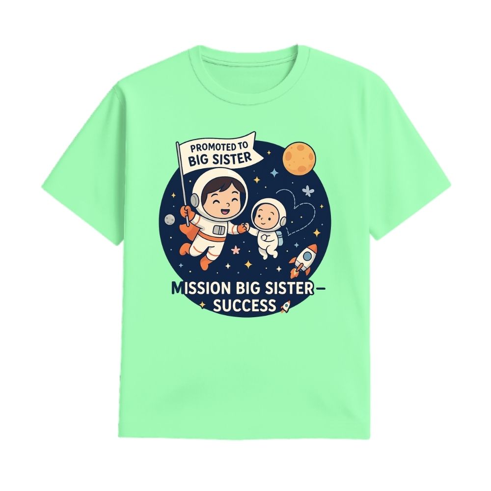 Mintgreen t-shirt with space-themed design and text 'Promoted to Big Sister'