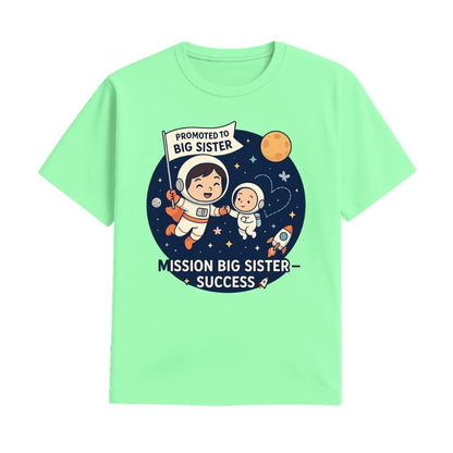 Mintgreen t-shirt with space-themed design and text 'Promoted to Big Sister'