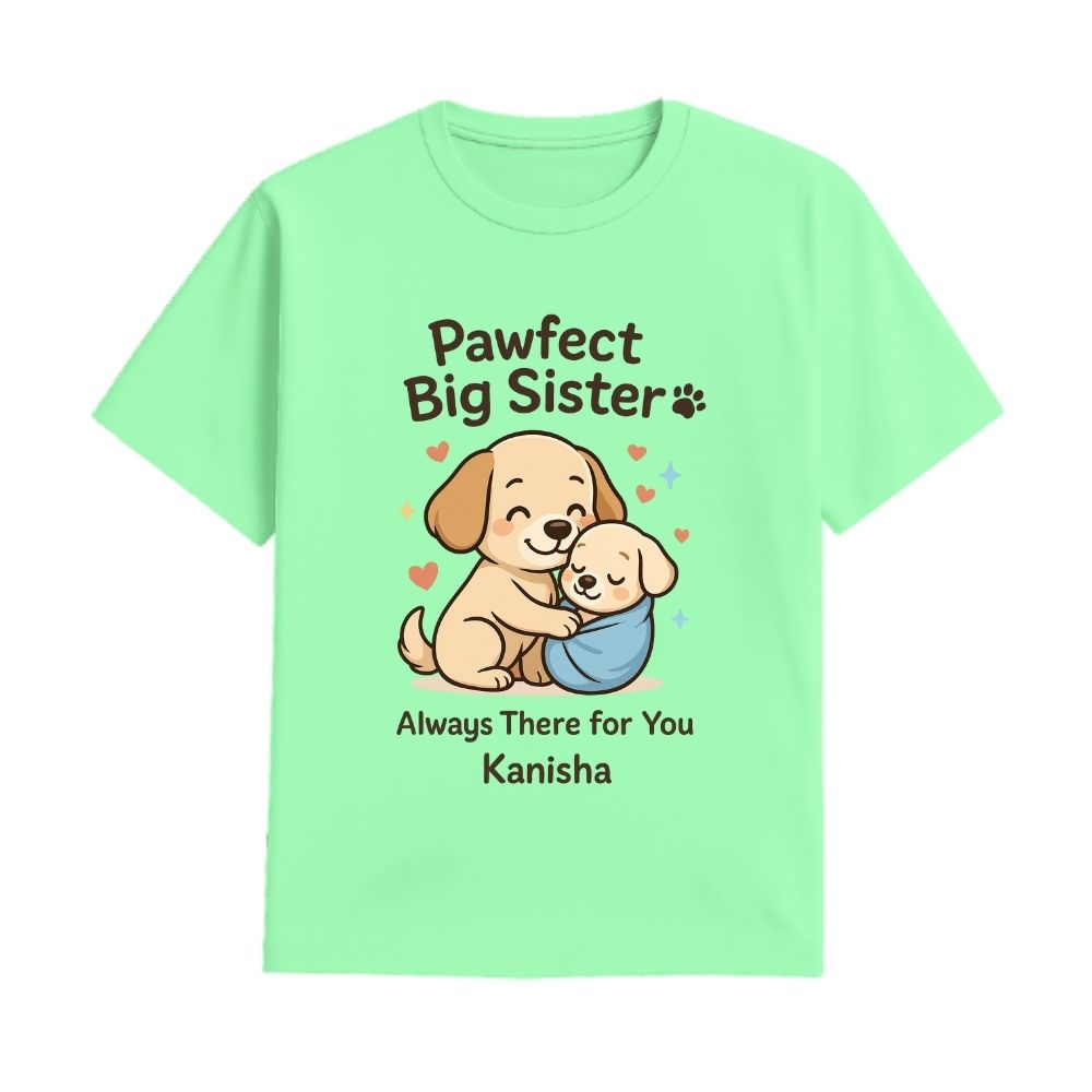 Mintgrenn t-shirt with cartoon dogs and text 'Pawfect Big Sister' Always there for you