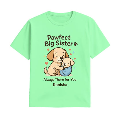 Mintgrenn t-shirt with cartoon dogs and text 'Pawfect Big Sister' Always there for you