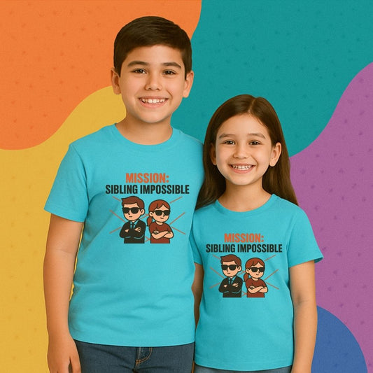 Mission Sibling Impossible tees with secret agent icons – perfect Rakhi gift 2025 for brothers and sisters on a fun sibling mission