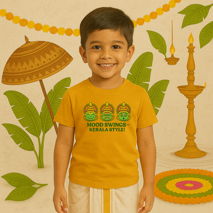 'Mood Swings Kerala Style' Onam Face Print Kids Tshirt Mustard