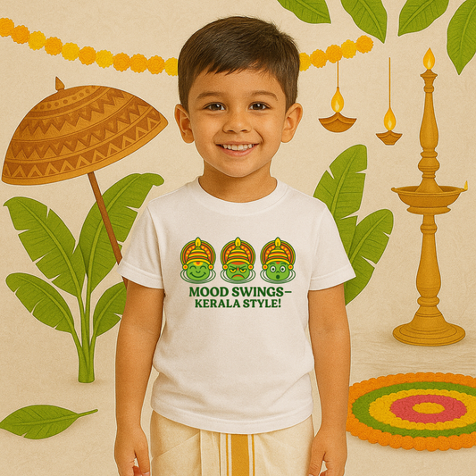'Mood Swings Kerala Style' Onam Face Print Kids Tshirt White