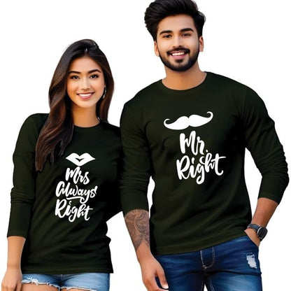 Mr Right & Mrs Always Right Half Sleeve Couple Print T Shirt