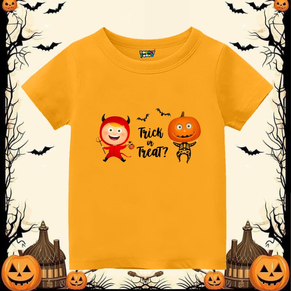 Mustard Halloween kids Tshirt with Trick or treat text