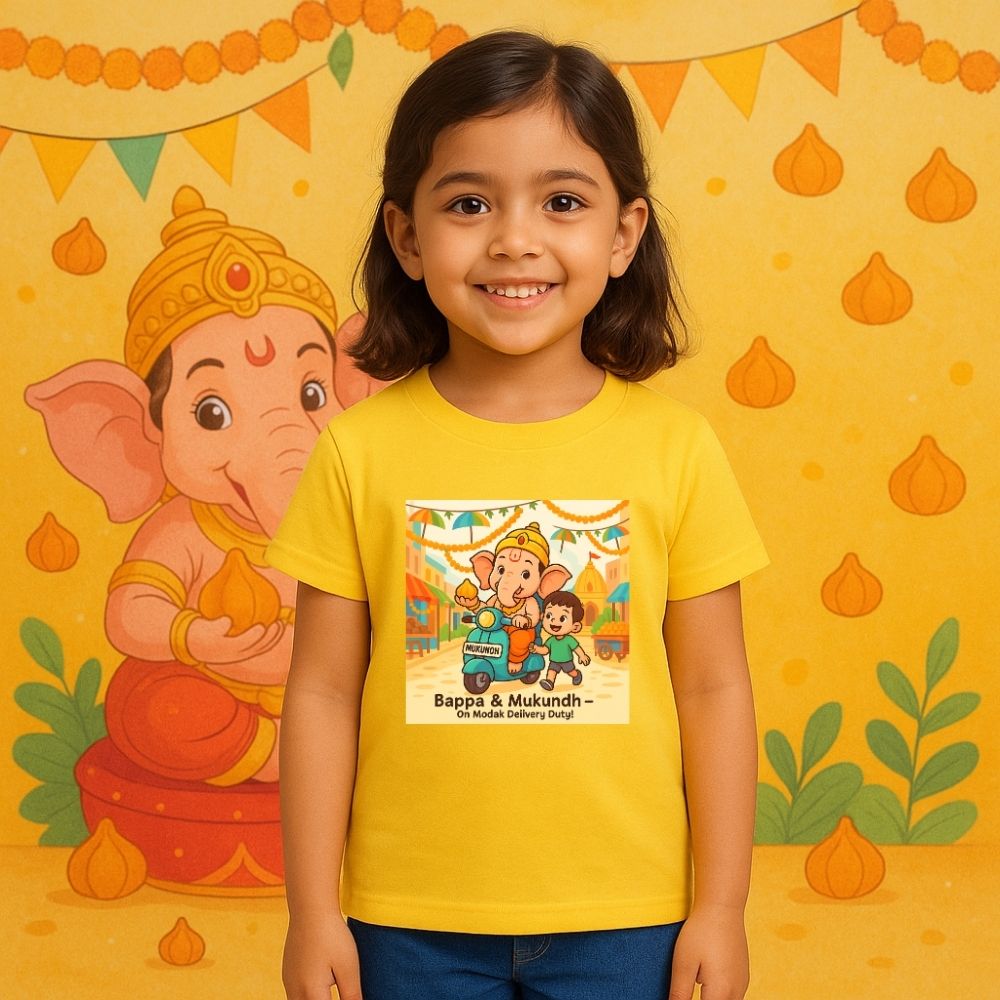 Mustard Kids T-shirt Bappa On Modak Delivery Duty